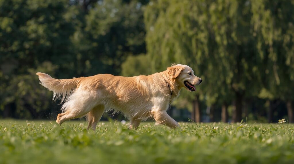English Cream Golden Retriever running in park