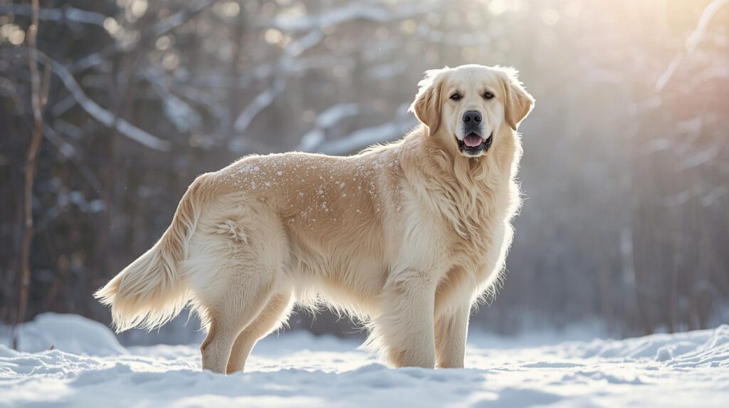 English Cream Golden Retriever standing in snow