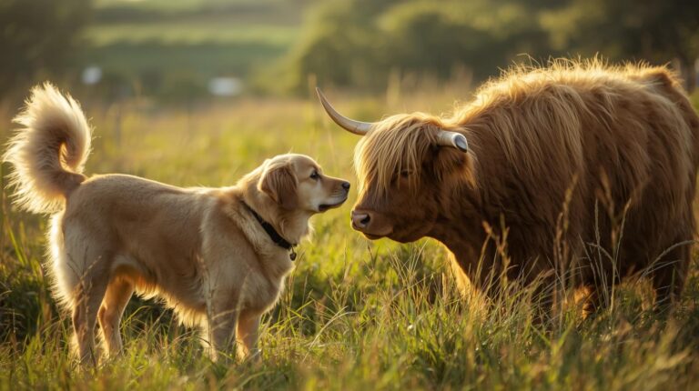 Golden Retriever Meets Highland Cow