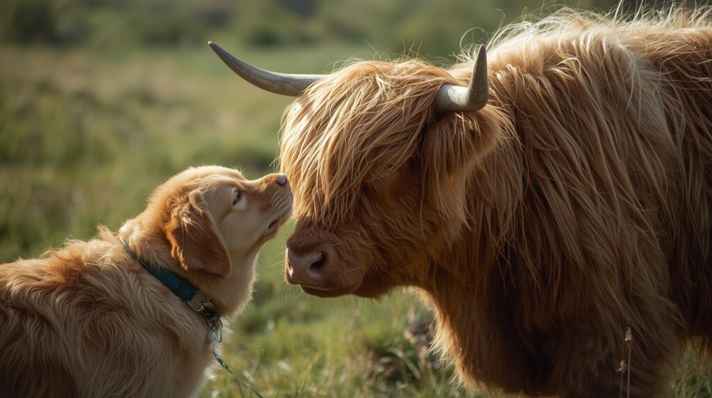 golden retriever highland cow meets
