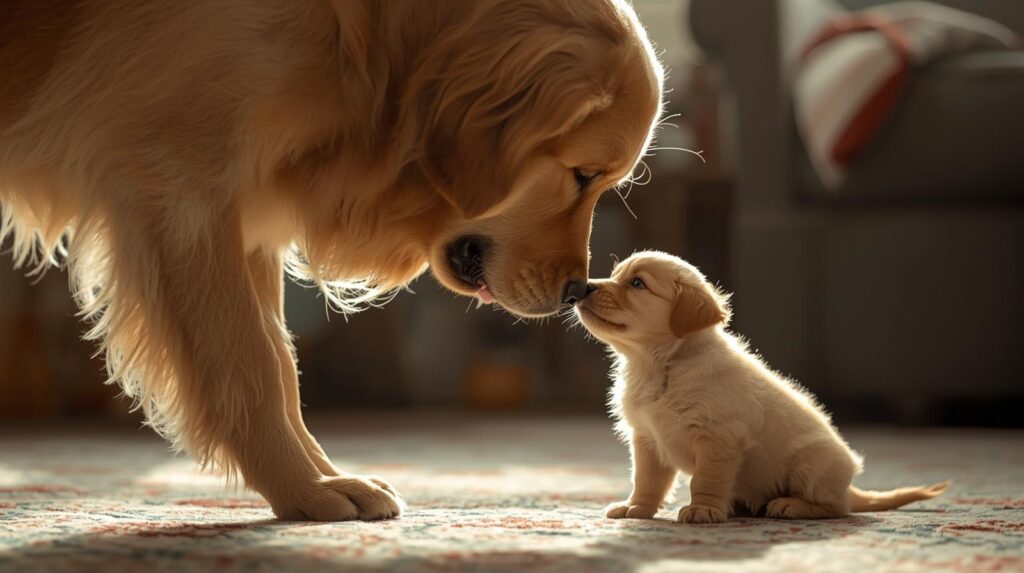 Current image: Golden Retriever Boone Meets Puppy